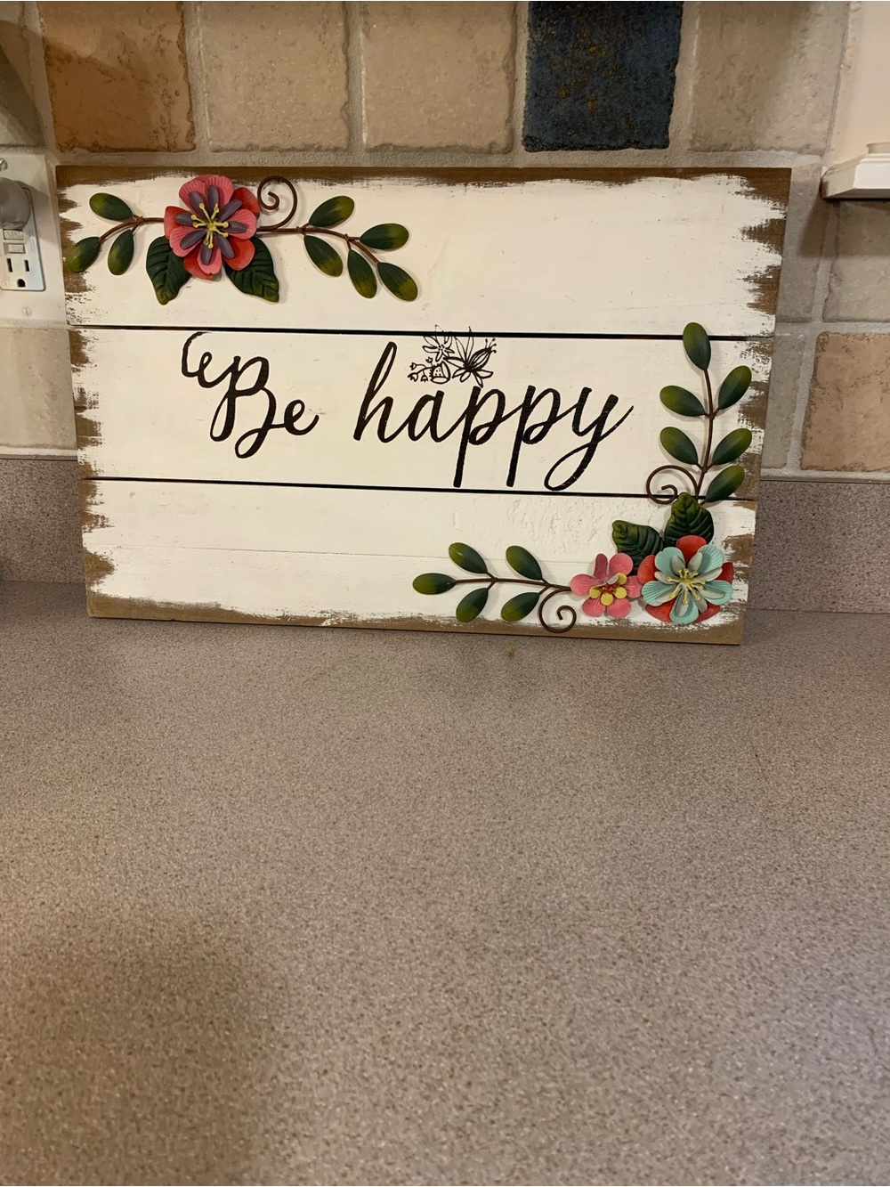 Be Happy Floral Wood Sign - White with Pink & Teal metal accent Flowers